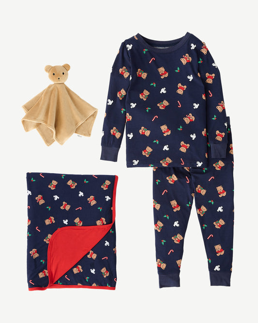 Bamboo Blanket in Bearing Gifts, Bamboo Baby Two-Piece Pajama Set in Bearing Gifts and Cuddle Buddy Lovey in Brown Bear on an off white background.