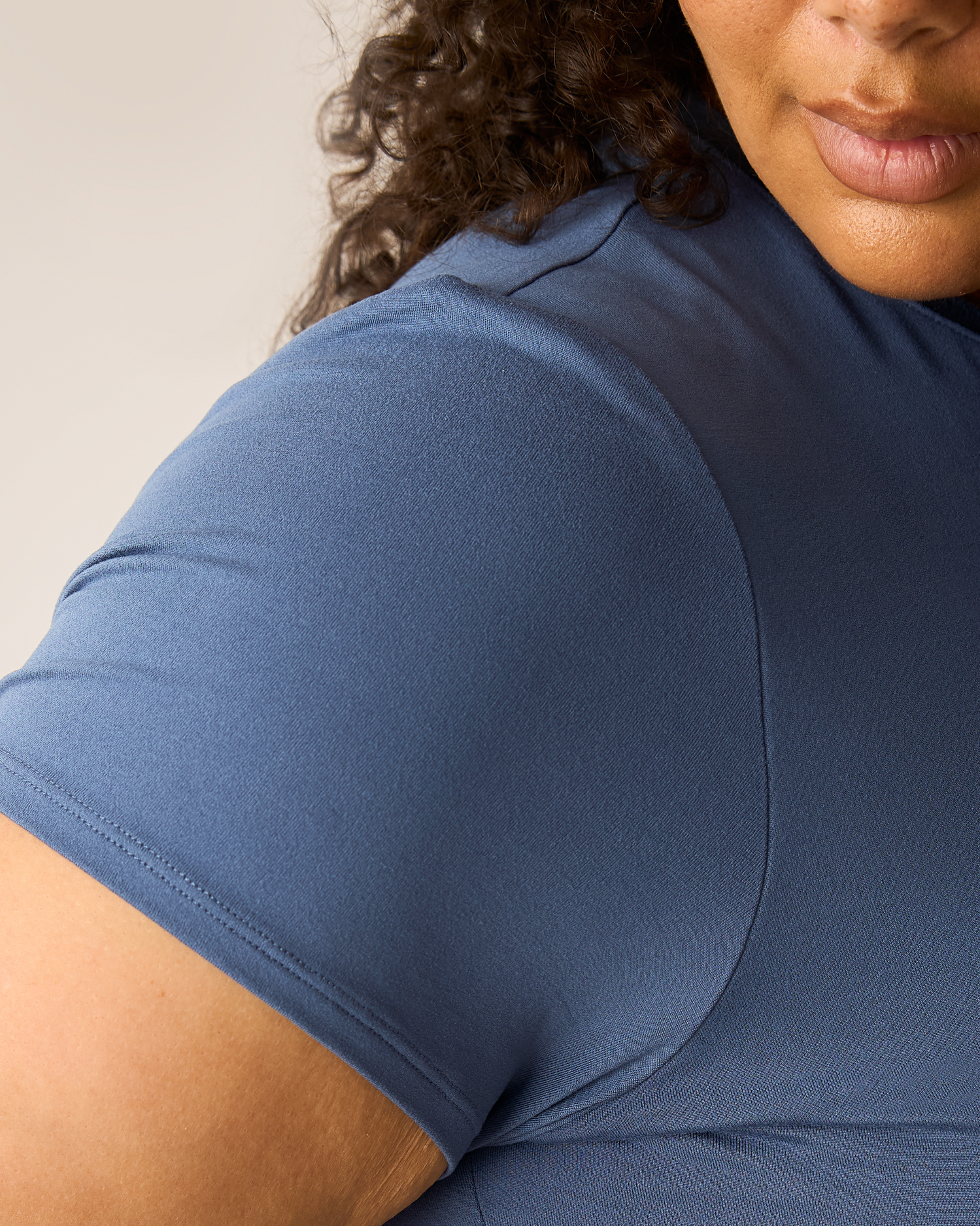 Close up of sleeve on the Sunday Set Pajama set in slate blue