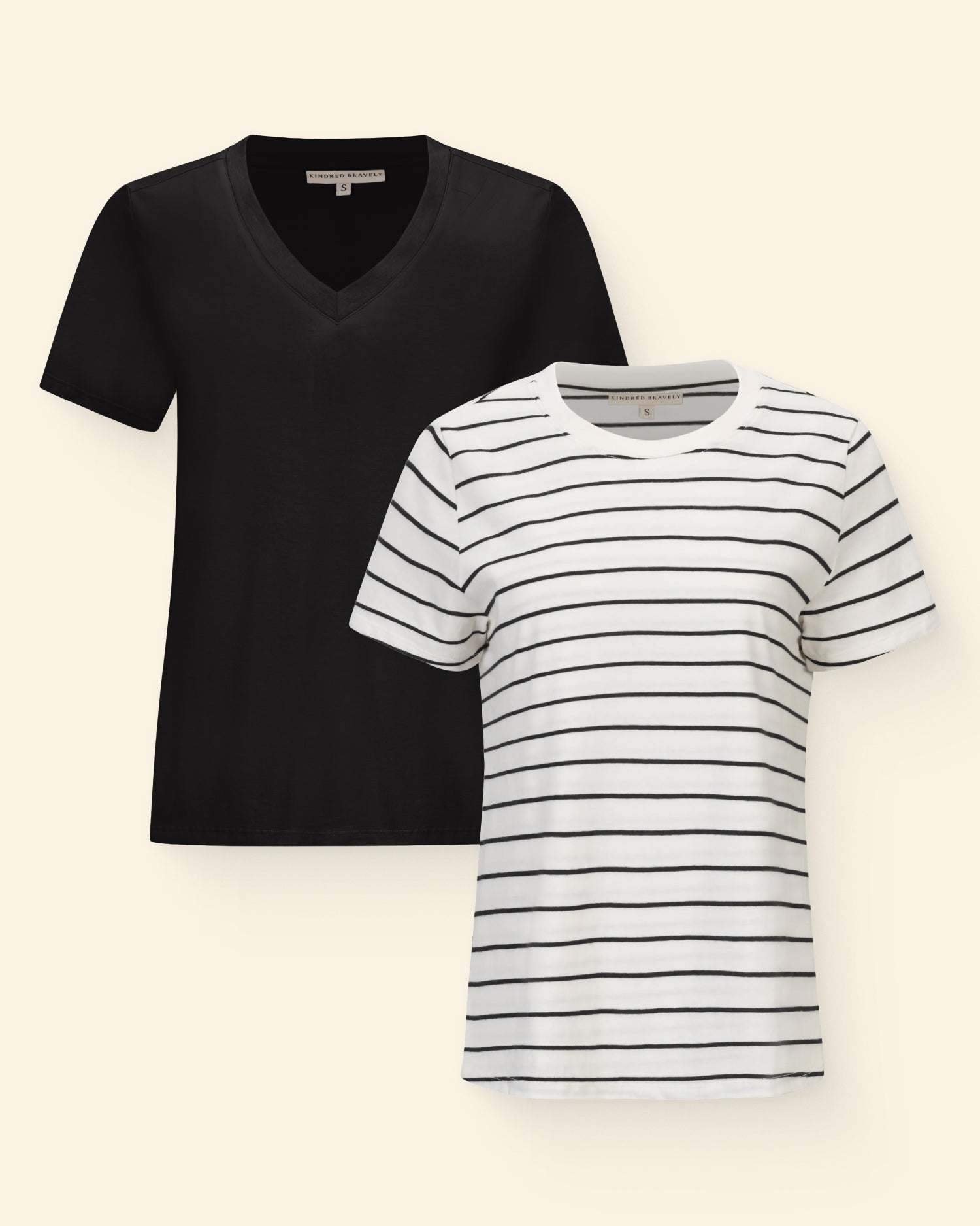 Black V-neck t-shirt and white striped t-shirt on a neutral background