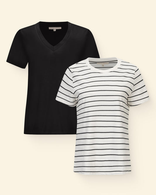 Black V-neck t-shirt and white striped t-shirt on a neutral background