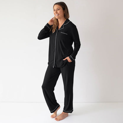 The Haisley Bamboo Classic Long Sleeve Pajama Set | Black-Pajamas-Kindred Bravely