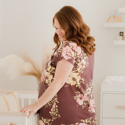 Universal Labor & Delivery Gown | Burgundy Plum Floral-Gowns-Kindred Bravely