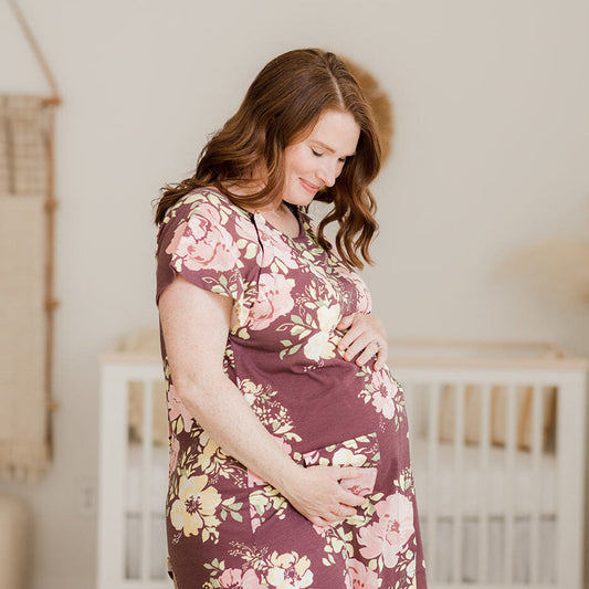 Universal Labor & Delivery Gown | Burgundy Plum Floral-Gowns-Kindred Bravely