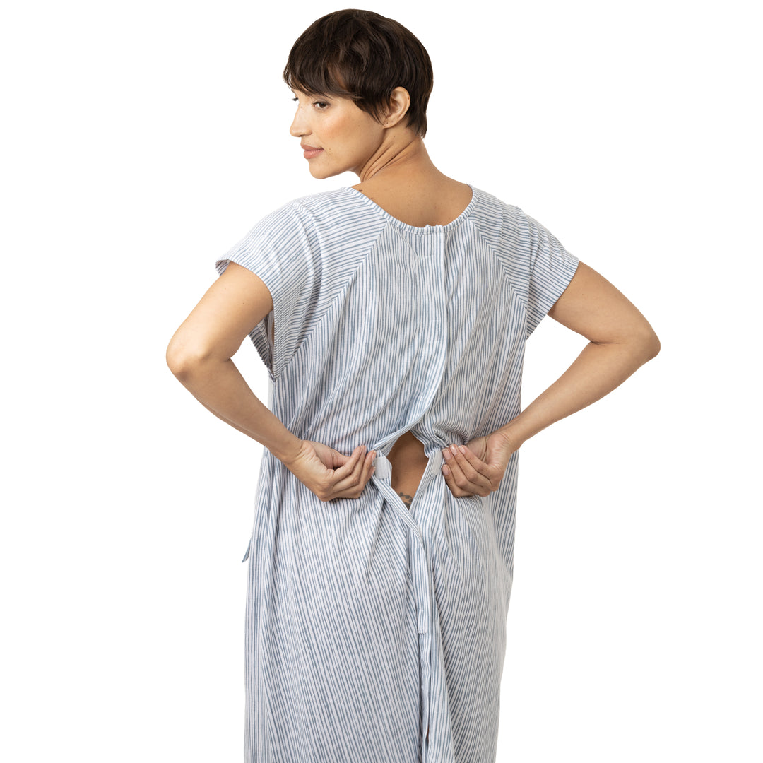 Model wearing the Universal Labor & Delivery Gown in Pinstripe. showing the easy epidural access.