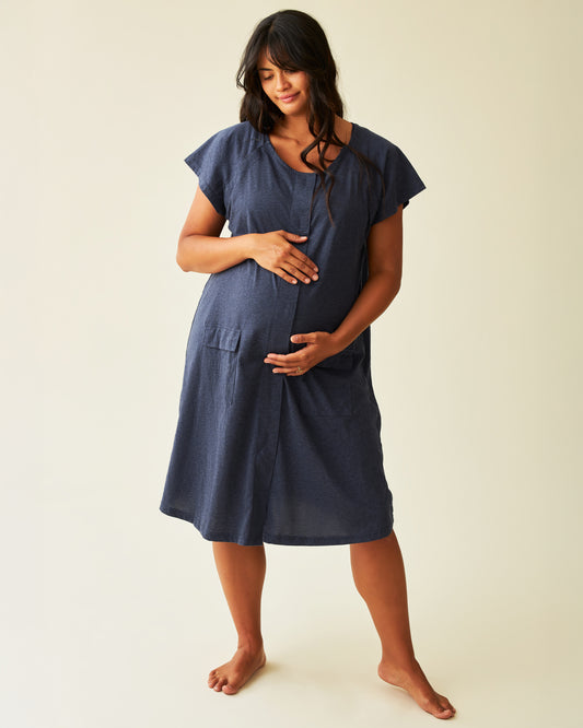 Front view of model wearing Universal Labor & Delivery Gown in Navy Heather @model_info:Zoe is 5'7" and wearing a S/M/L.