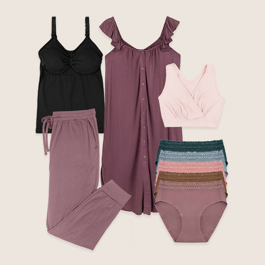Flat lay image of the Simply Sublime Tank, Everyday Joggers, Ruffle Delivery Gown, French Terry Bra and 5 Pack High-Rise panties.