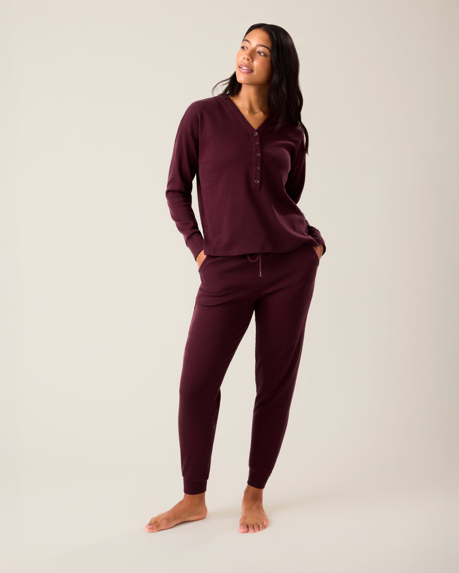 Woman wearing the Waffle Maternity & Nursing Lounge Set in deep burgundy @model_info:Nemesis is 5'9" and wearing a Medium.