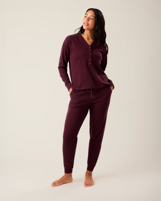 Woman wearing the Waffle Maternity & Nursing Lounge Set in deep burgundy @model_info:Nemesis is 5'9" and wearing a Medium.