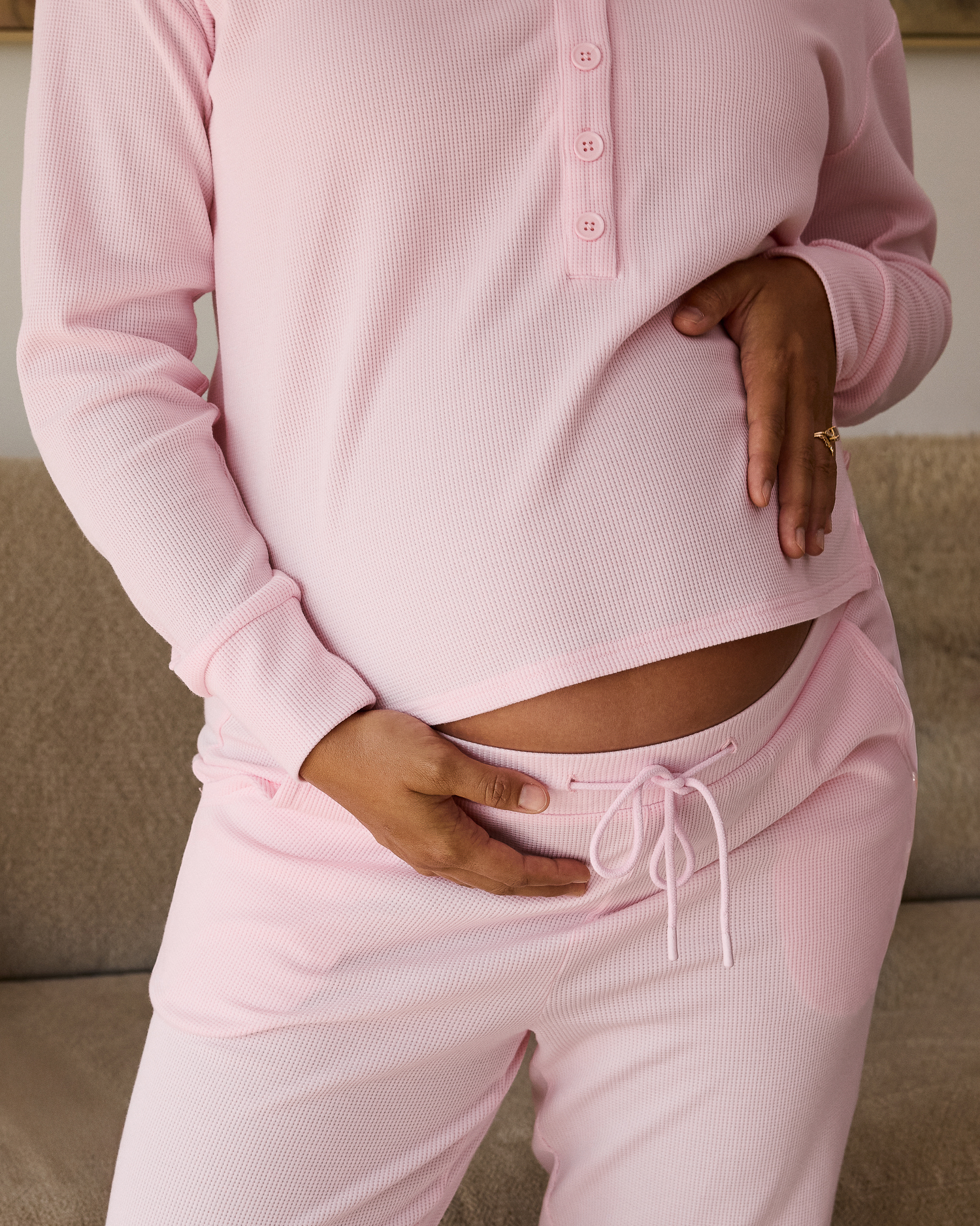 Woman wearing the Waffle Maternity & Nursing Lounge Set in pale pink @model_info:Zoe is 5'7" and wearing a Medium.