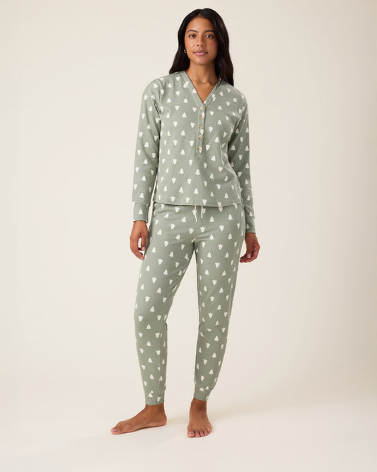 Woman wearing the Waffle Maternity & Nursing Lounge Set in Sage Trees - sage green background with white tree pattern@model_info:Nemesis is 5'9" and wearing a Medium.