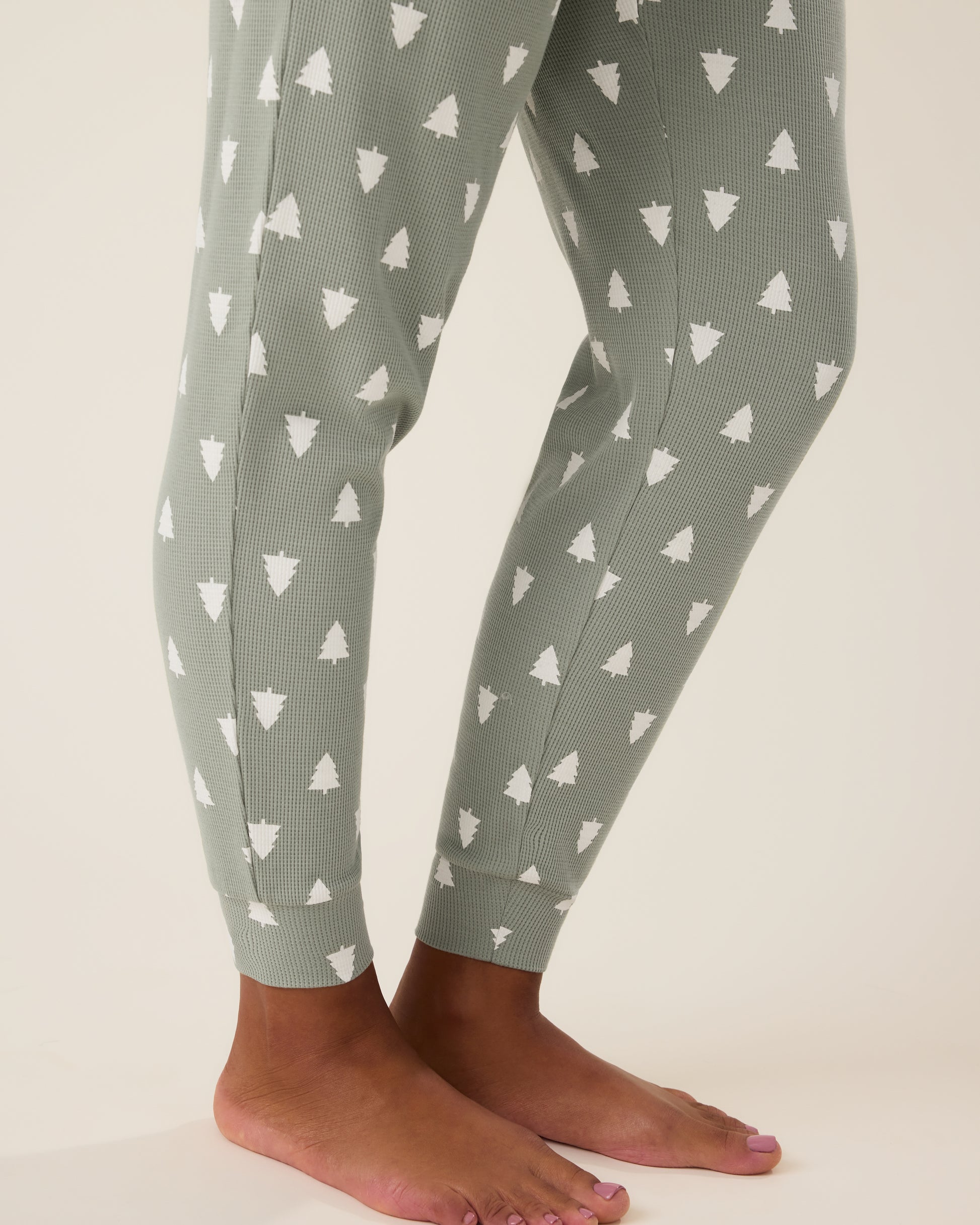 Bottoms of the Waffle Maternity & Nursing Lounge Set in Sage Trees - sage green background with white tree pattern - on model