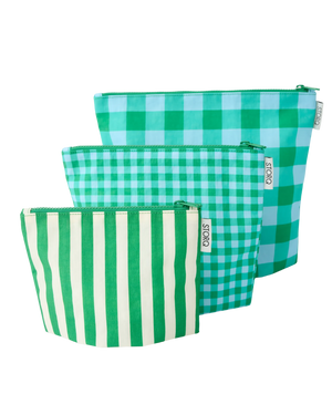 Zipper Pouch Three-Piece Set in Teal Gingham on a white background.