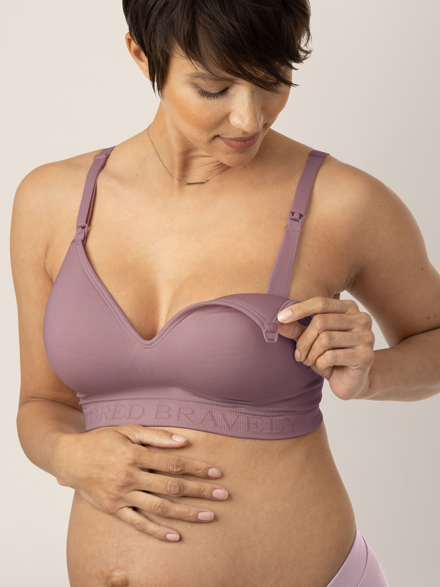 Pregnant Model showing the easy clip down nursing access on the Signature Sublime® Contour Maternity & Nursing Bra in Twilight