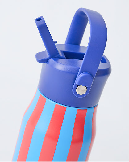 Close up of the mouth piece for the Cool Kid Water Bottle in Blue & Rust Stripe on beige background.