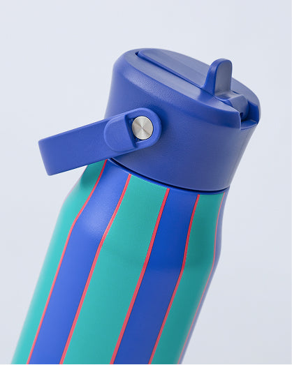 Cool Kid Water Bottle in Navy & Green Stripe on beige background.
