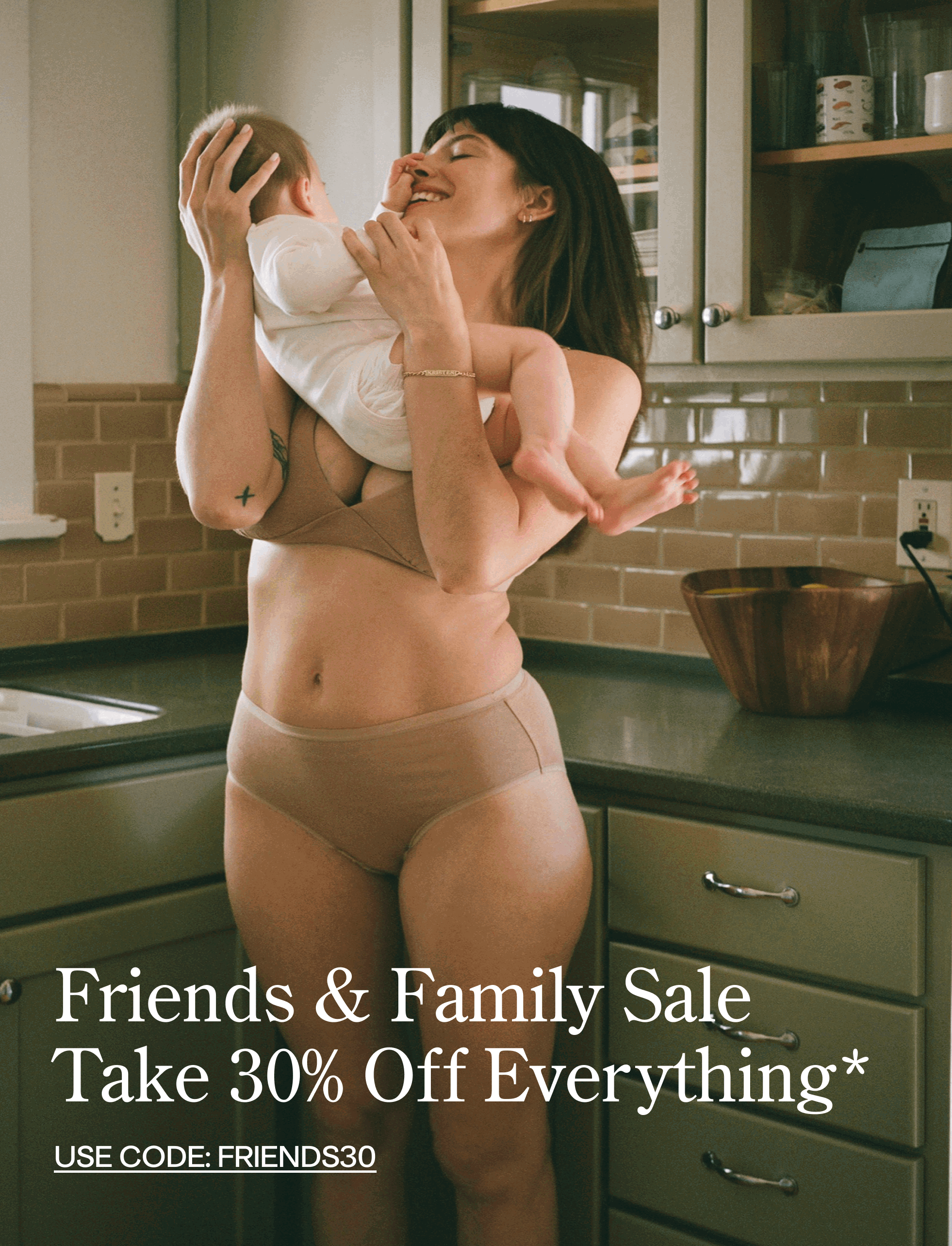 A promotional GIF featuring women with their babies and toddlers, with large white text reading 'FRIENDS AND FAMILY SALE. 30% OFF EVERYTHING*' and a underlined button that says 'USE CODE: FRIENDS30'.