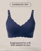 Video of rotating BareBond™ Cotton Maternity & Nursing Bra in Coastal Navy to show front and back. Black text reads, BareBond 360 degrees. Engineered for a fit that adapts to you.