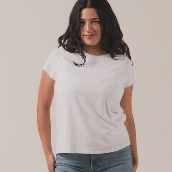 Video of model wearing Slim Fit Modal Nursing T-shirt on a neutral background