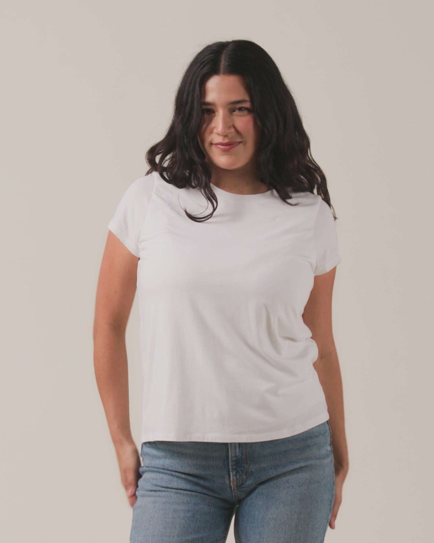 Video of model wearing Slim Fit Modal Nursing T-shirt on a neutral background
