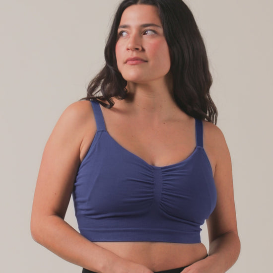 Video of model wearing Sublime Bamboo Hands-Free Pumping Lounge & Sleep Bra on a neutral background