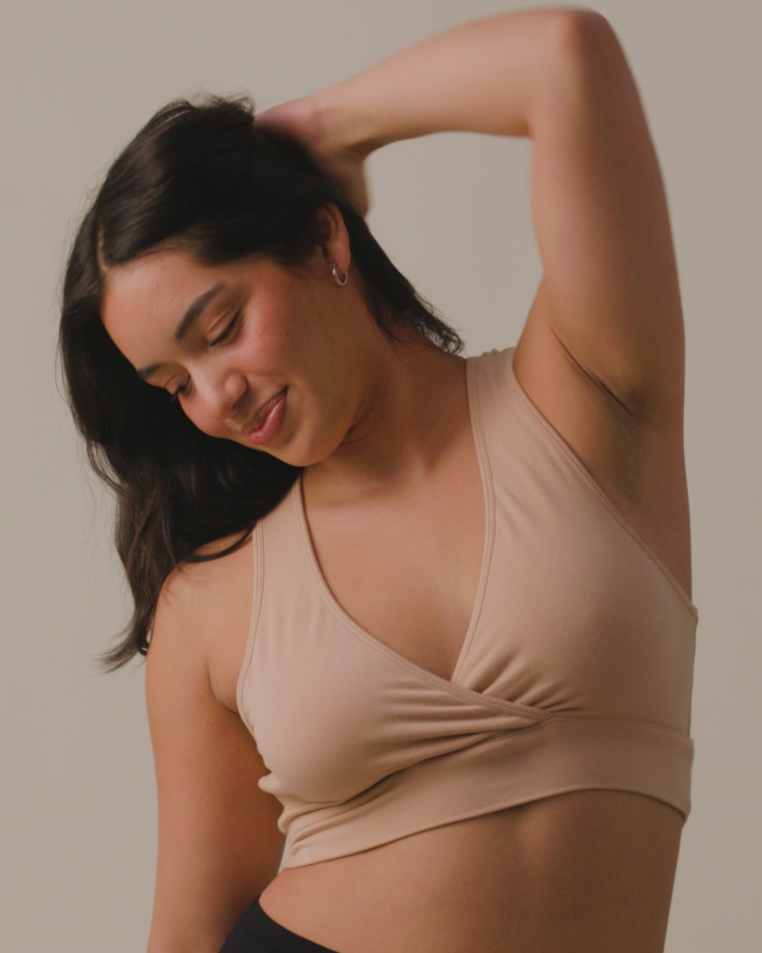 Video of model wearing French Terry Racerback Nursing & Sleep Bra on a neutral background