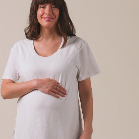 Video of model wearing Relaxed Cotton Maternity & Nursing T-shirt in White with a neutral background