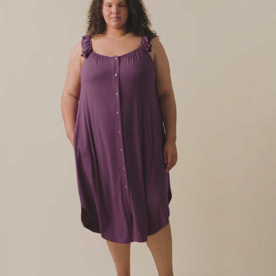 Video of model wearing Ruffle Strap Labor & Delivery Gown on a neutral background