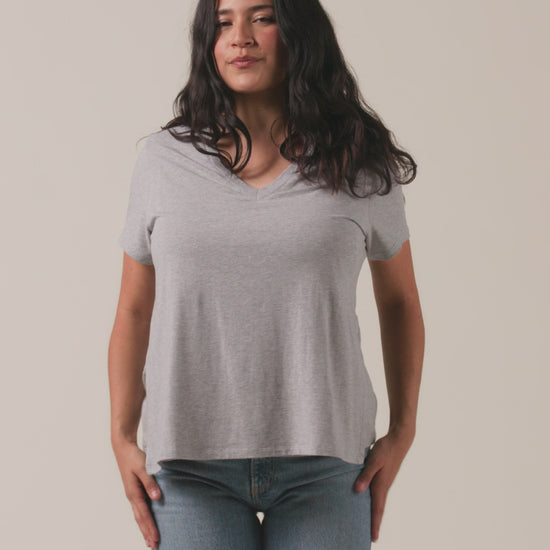 Vide of model wearing Classic Modal V-neck Nursing T-shirt in Grey Heather with a neutral background
