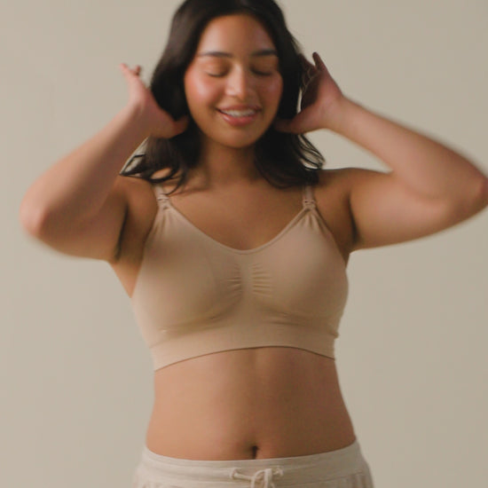 Video of model wearing Simply Sublime Nursing Bra on a neutral background
