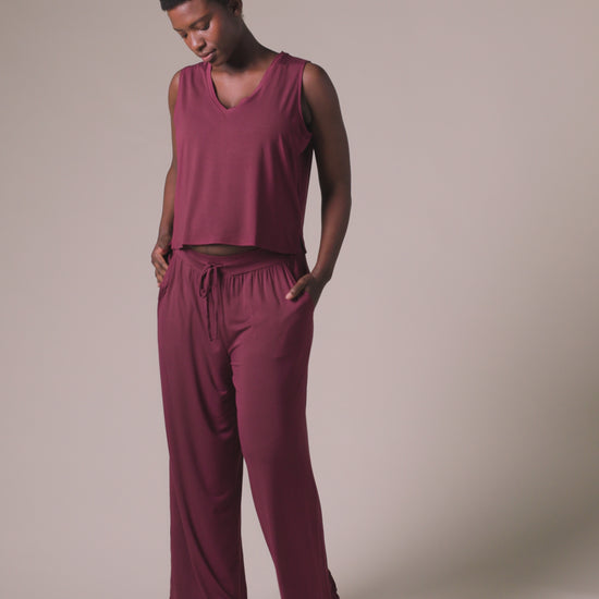 Video showing the Aria Bamboo Cropped V-neck Tank in Deep Burgundy