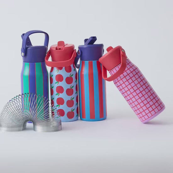 Animated video of slinky hopping by all four Cool Kid Water Bottles, in Orchid Grid, Blue Apple, Blue & Rust Stripe, and Navy & Green Stripe, on a beige background.