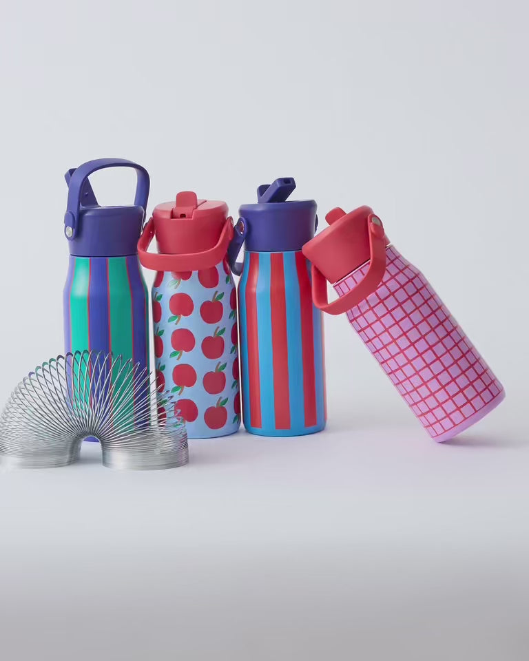 Animated video of slinky hopping by all four Cool Kid Water Bottles, in Orchid Grid, Blue Apple, Blue & Rust Stripe, and Navy & Green Stripe, on a beige background.