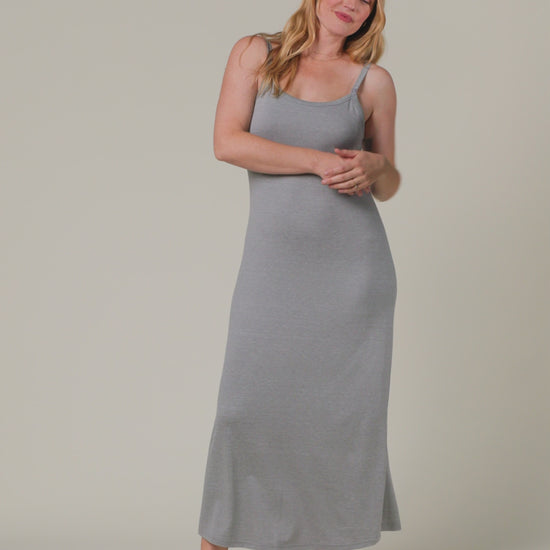Video of model wearing the Sunday Maternity & Nursing Lounge Dress on a neutral background