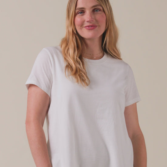 Front view of model wearing Classic Cotton Nursing T-shirt in White on a neutral background