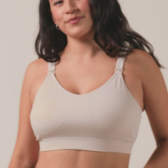 Video of model wearing Mia Maternity & Nursing Lounge Bra on a neutral background