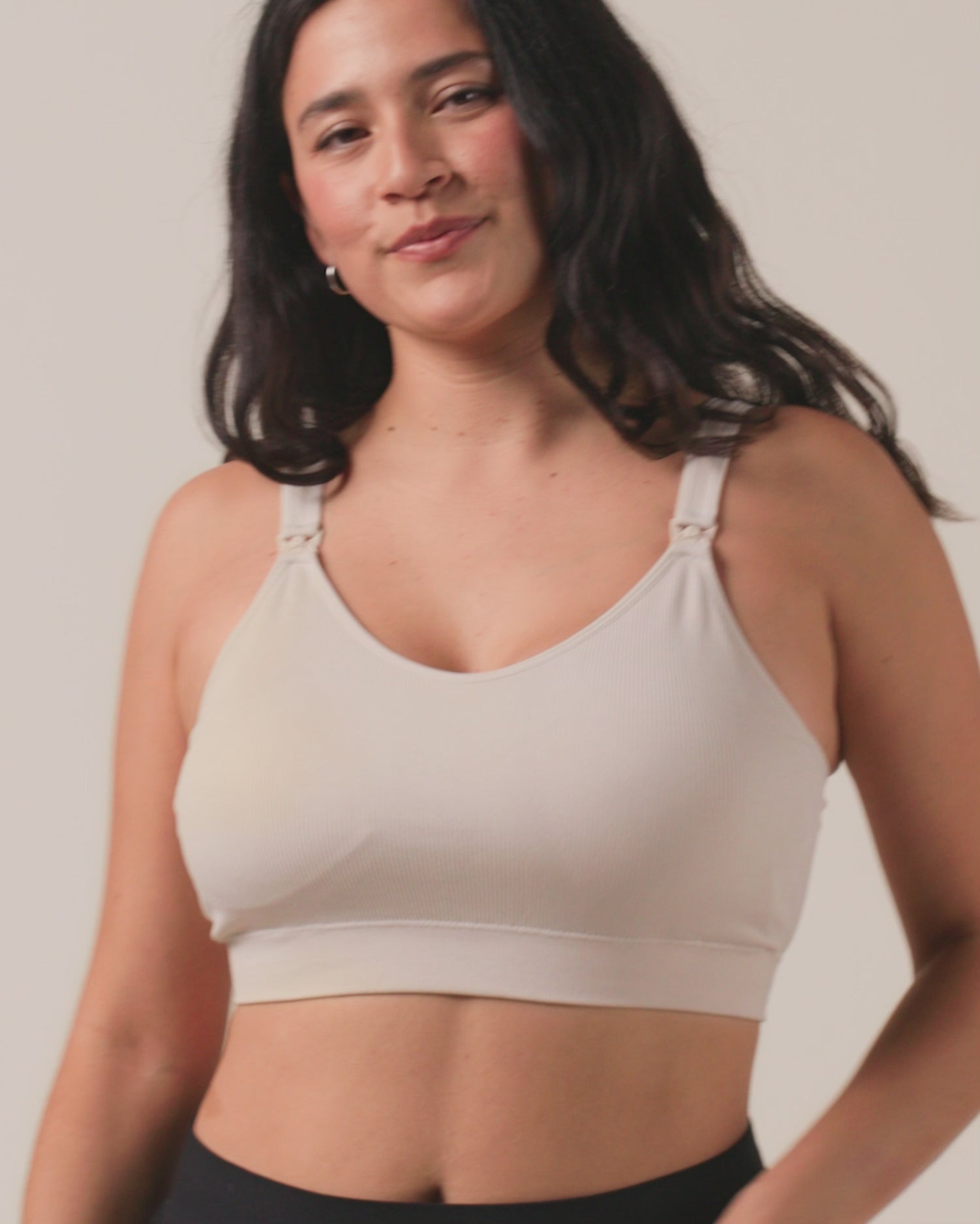 Video of model wearing Mia Maternity & Nursing Lounge Bra on a neutral background