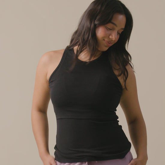Video of model wearing Ribbed Bamboo Racerback Nursing Tank on a neutral background