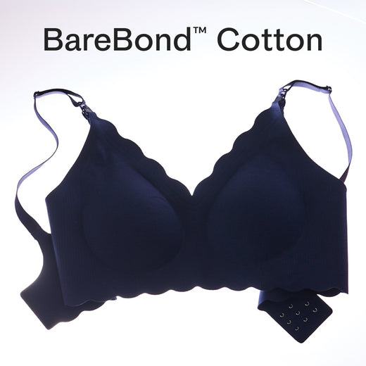 Black text that reads, BareBond Cotton. BareBond™ Cotton Maternity & Nursing Bra in Coastal Navy on a white background.