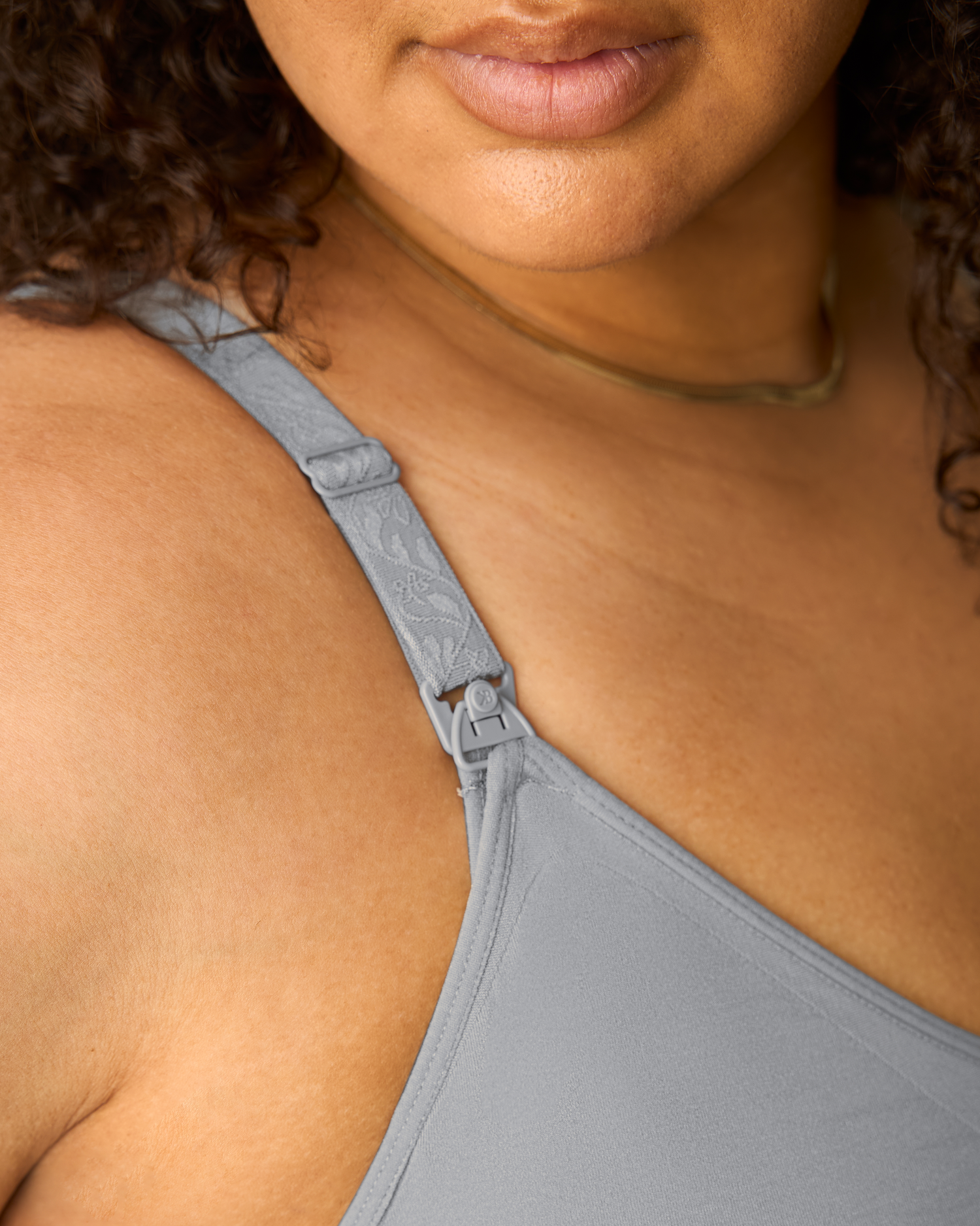 Woman wearing the Simply Sublime® Nursing Bra in grey, showing strap and clip detail, on a neutral background@model_info:Ionna is wearing a 1X Busty.