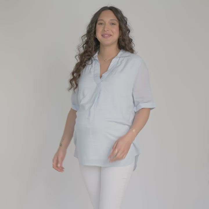 Video showing a pregnant model wearing the Oversized Nursing & Maternity Collared Top