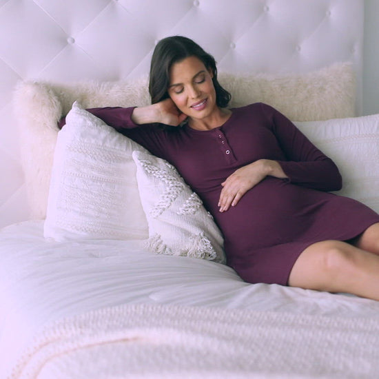Video showing models wearing the Betsy Ribbed Bamboo Maternity & Nursing Nightgown